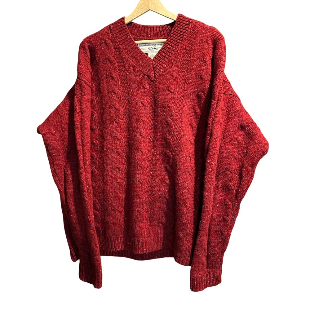 Vintage Gap Sweater Mens XL Red 100% Wool Cable Knit V-Neck Donegal Fleck